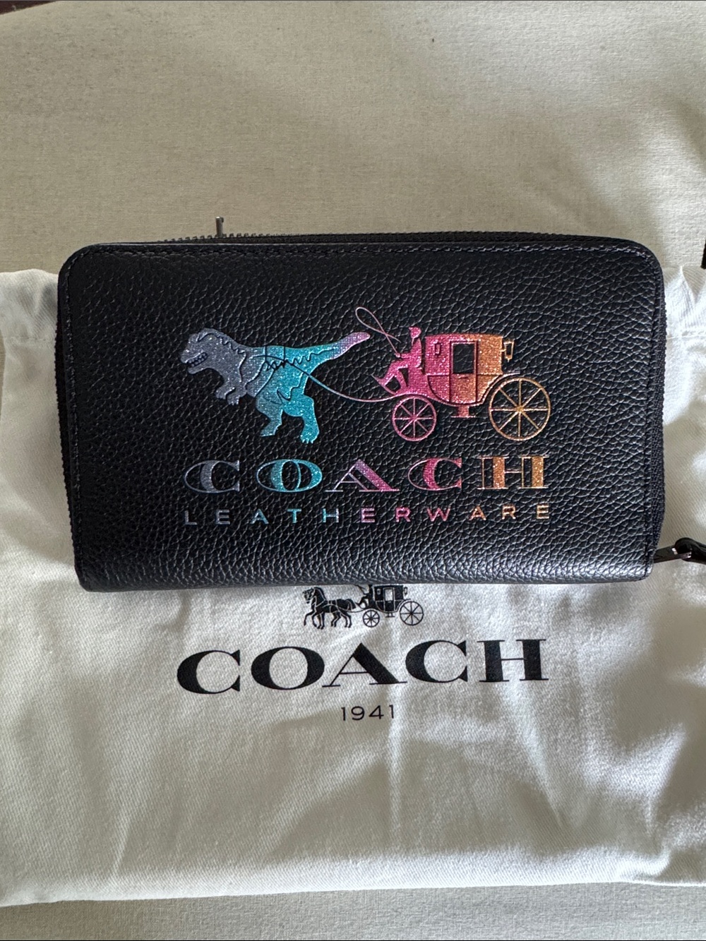 COACH Black Leather Zip Wallet with Iridescent Rainbow Coach Logo